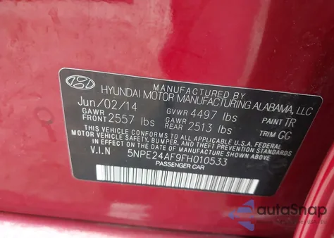 2015 Hyundai Sonata Se from USA, damaged, VIN 5NPE24AF9FH010533